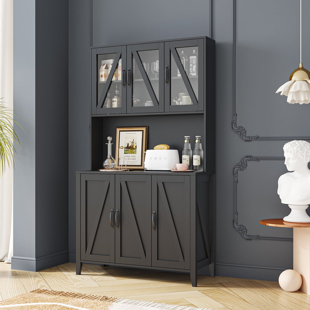 Black Kitchen Hutch Cabinet with Glass Doors L138
