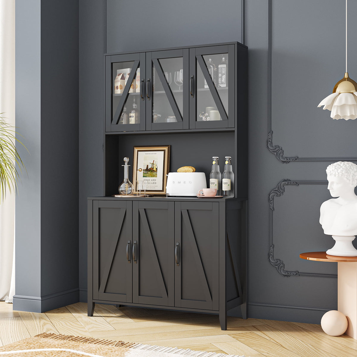 Black Kitchen Hutch Cabinet with Glass Doors L138
