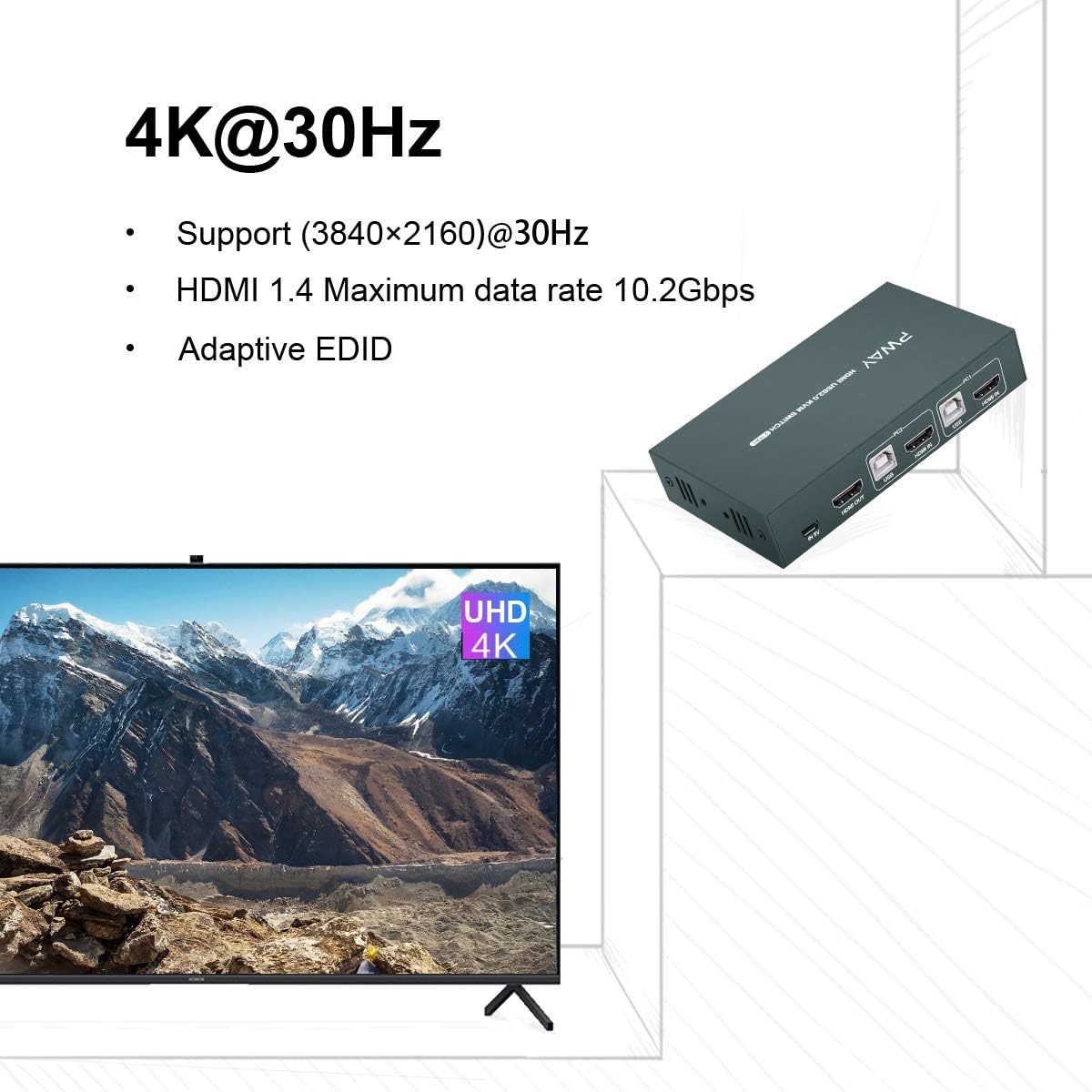 KVM Switch HDMI 2 Port, 4K@30Hz, USB2.0 Hub, with 2 HDMI and 2 USB Cables Q436069