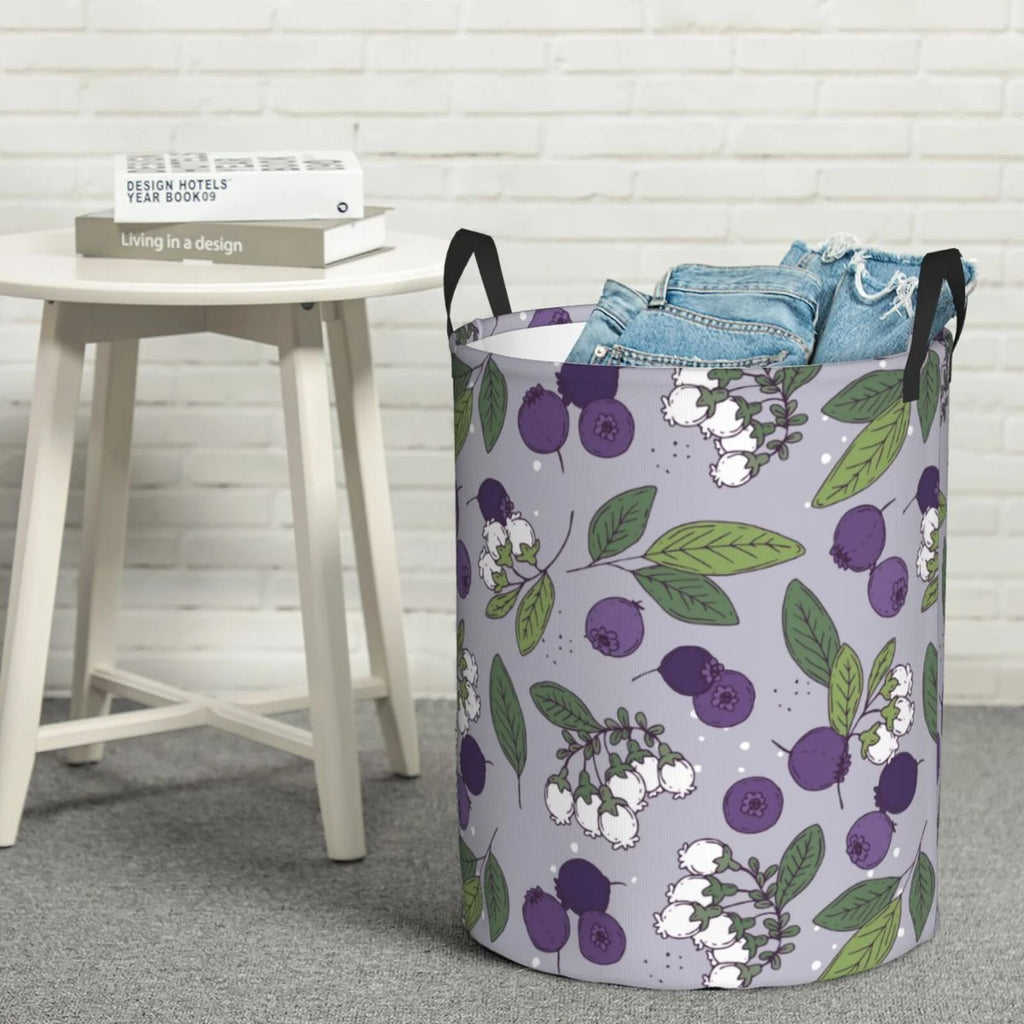 Blueberry Fruit Flower Art Pattern Collapsible Laundry Basket with Handles C978