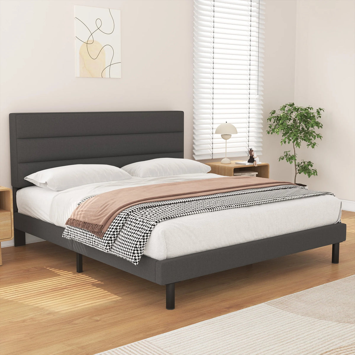 Twin Size Wingback Fabric Upholstered Platform Bed Frame B370600