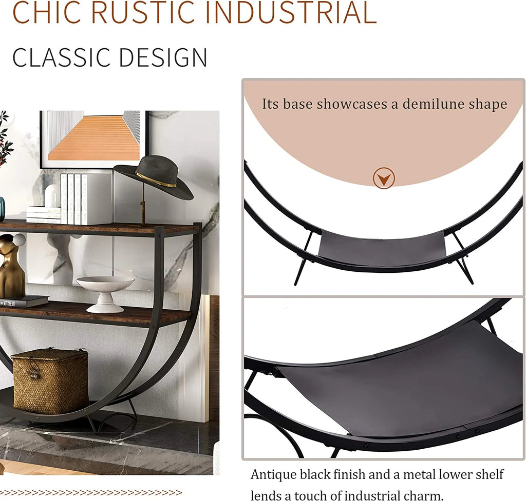 Rustic Wood 2-Tier Console Table with Shelves and Metal Frame B44657