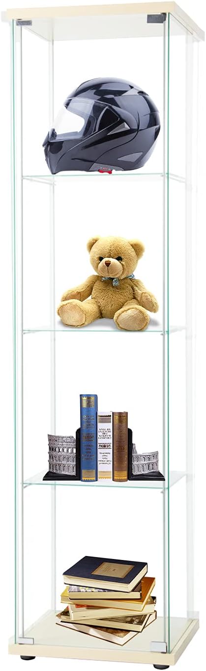 4-Shelf Glass Display Cabinet with Door, Tempered Glass Floor Standing Bookshelf, Black D7352