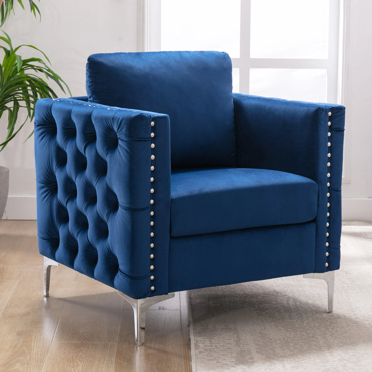 Navy Velvet Tufted Armchair with Steel Legs P4107