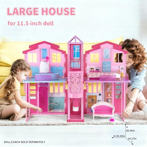 2-Story Foldable Dollhouse with 4 Rooms & Elevator Y566