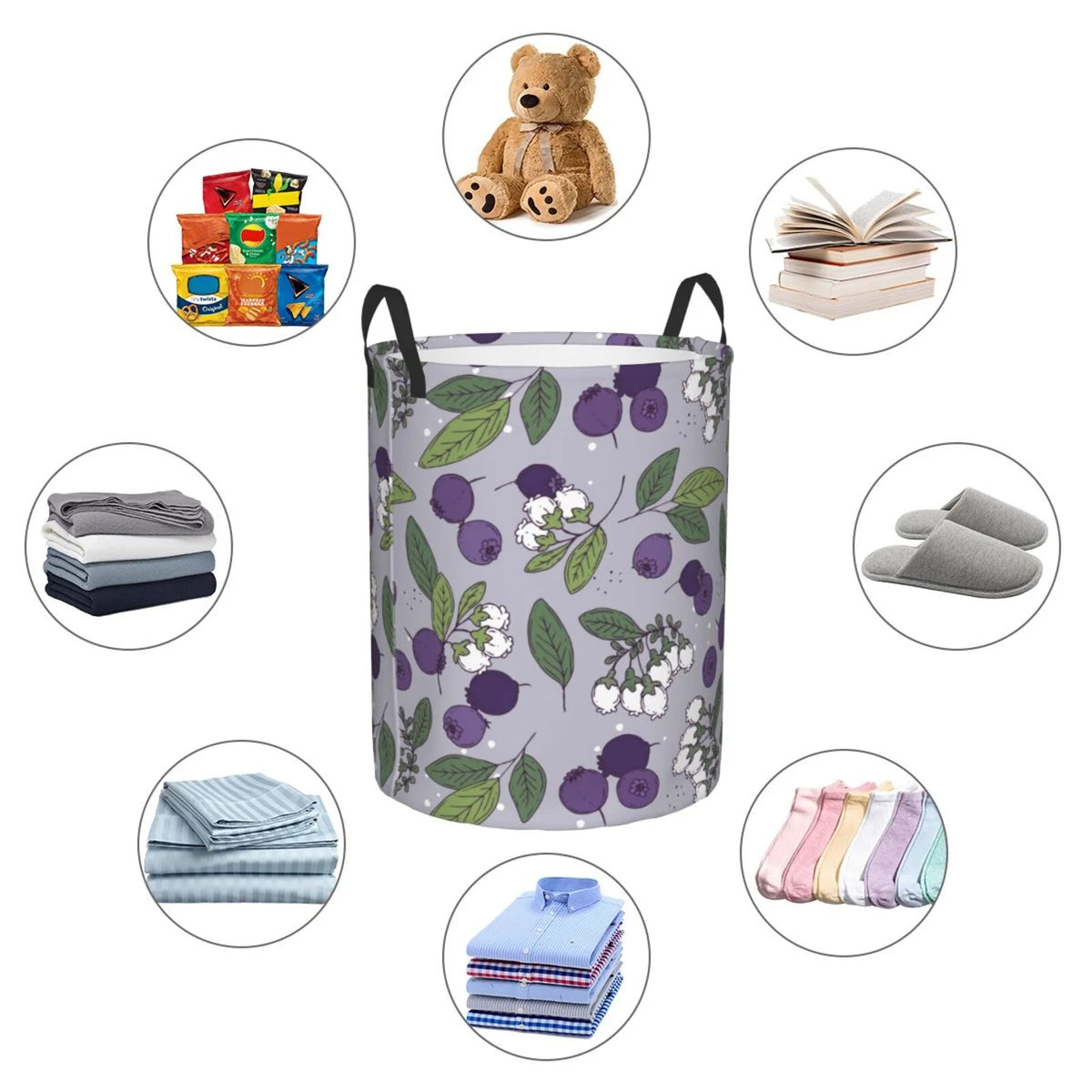 Blueberry Fruit Flower Art Pattern Collapsible Laundry Basket with Handles C978