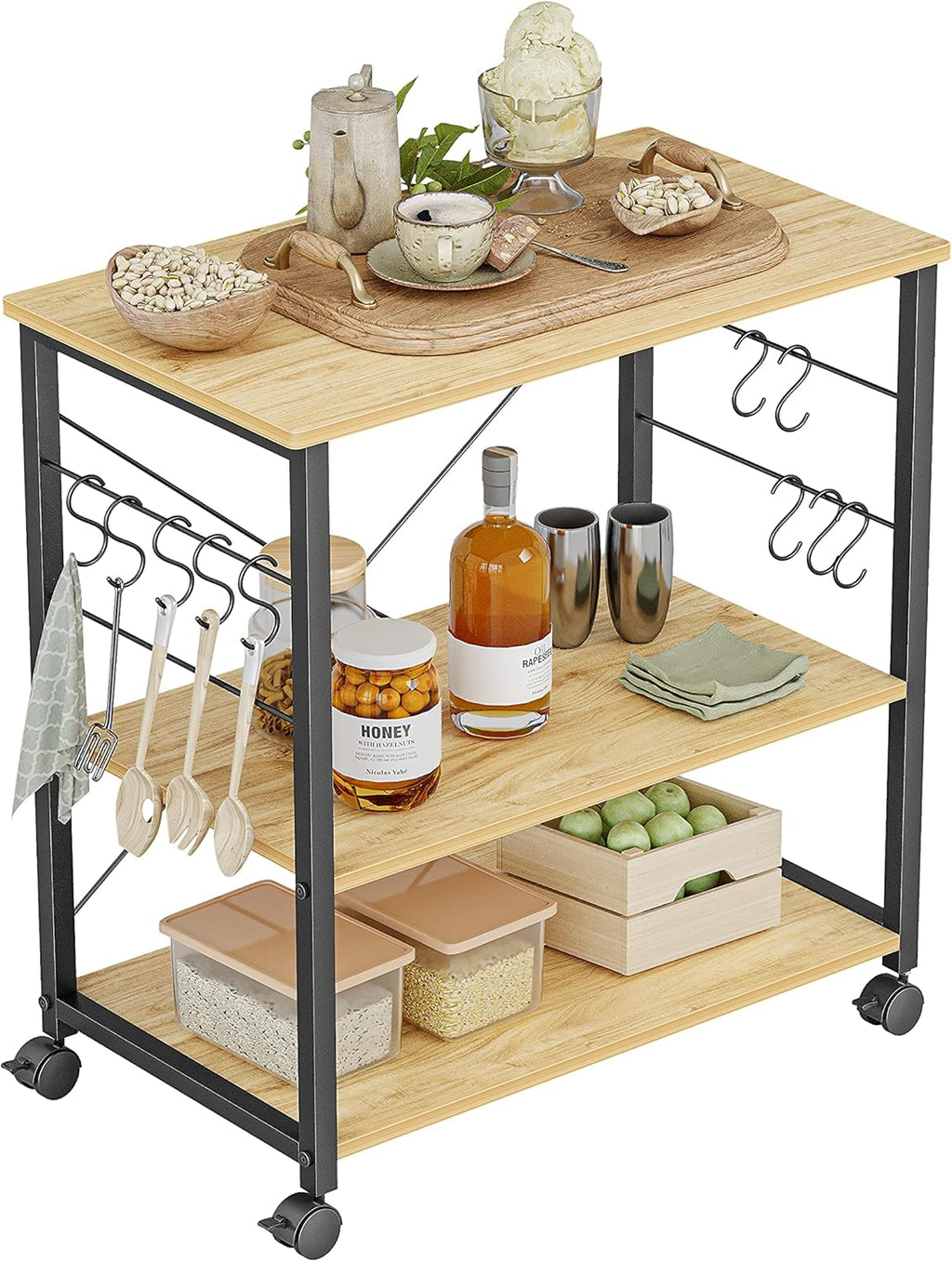 3 Tier Kitchen Serving Cart with Wheels and 10 Hooks R482