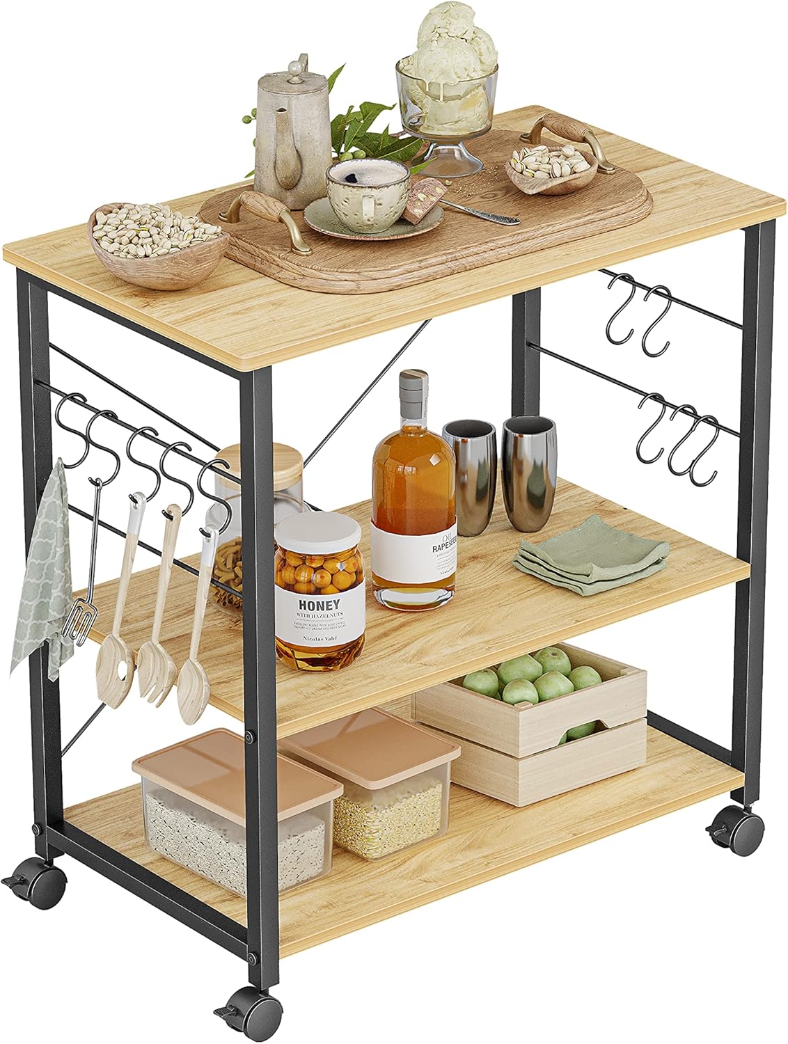 3 Tier Kitchen Serving Cart with Wheels and 10 Hooks R482