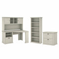 Linen White Oak Corner Desk with Hutch, Lateral File Cabinet and 5 Shelf Bookcase N842796