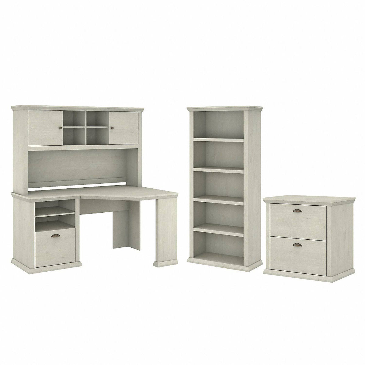 Linen White Oak Corner Desk with Hutch, Lateral File Cabinet and 5 Shelf Bookcase N842796