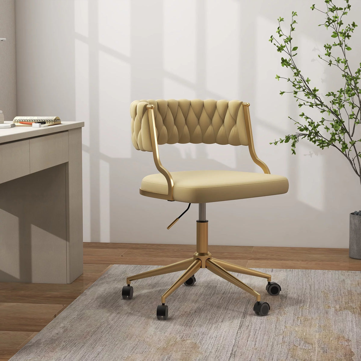 Velvet Office Desk Chair with Hand Woven Backrest Q291565