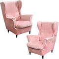 Pink Velvet Stretch Wingback Chair Sofa Slipcover with Elastic Bottom U82367