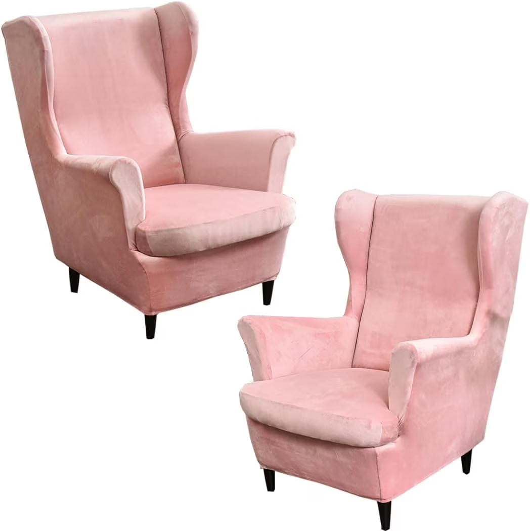 Pink Velvet Stretch Wingback Chair Sofa Slipcover with Elastic Bottom U82367