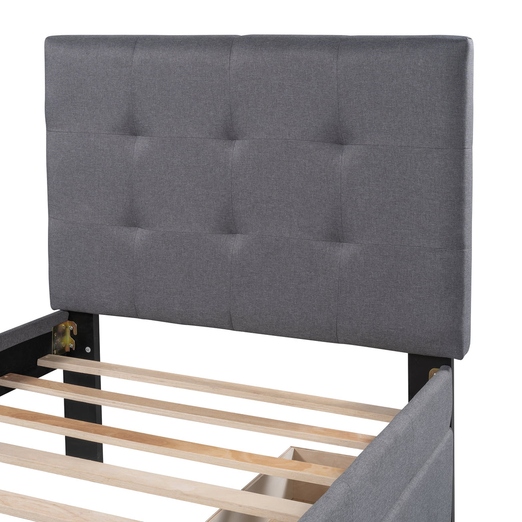 Gray Upholstered Twin Size Platform Bed with 2 Storage Drawers N658
