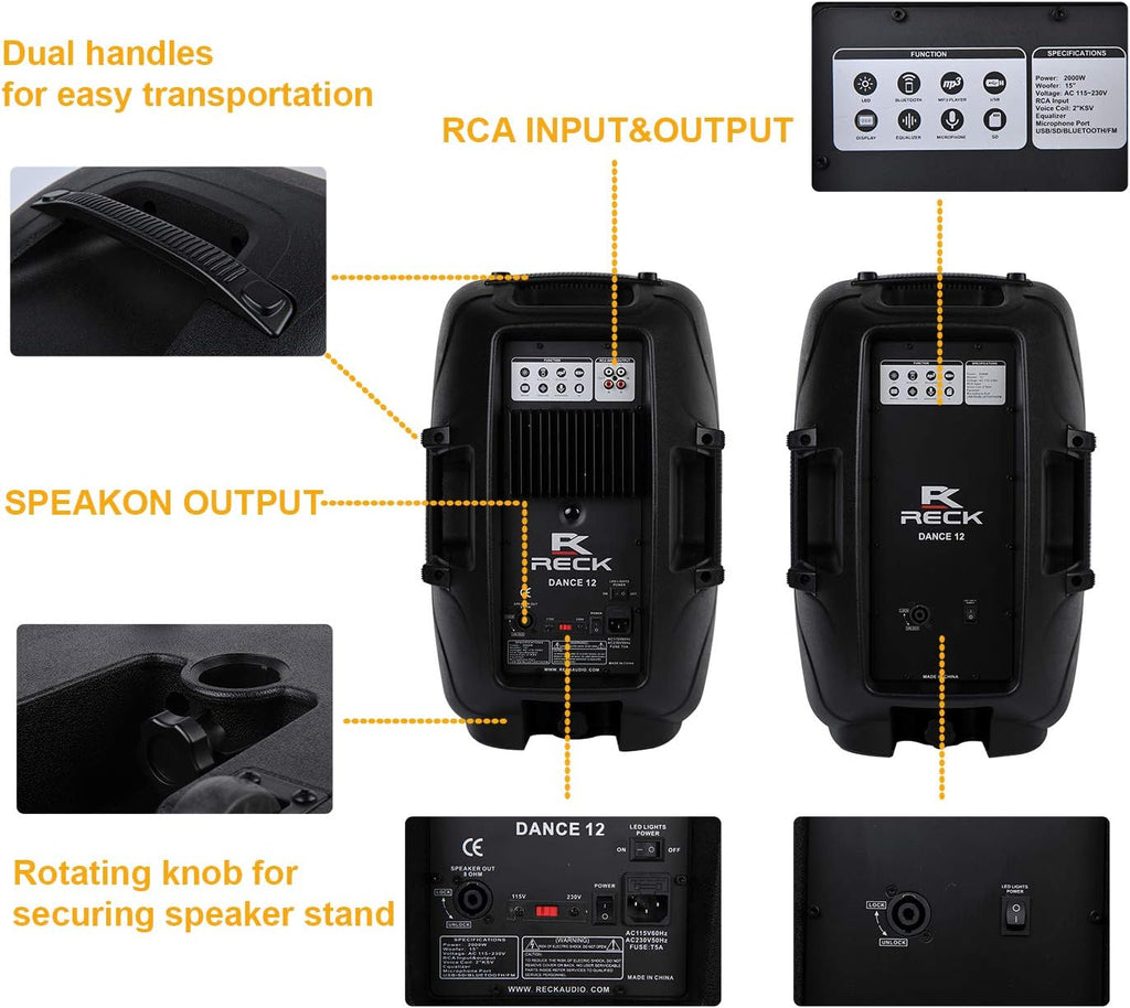 Portable 12-Inch 1000 Watts 2-Way Powered DJ/PA Speaker System Combo Set with Bluetooth and Speaker Stands C4216