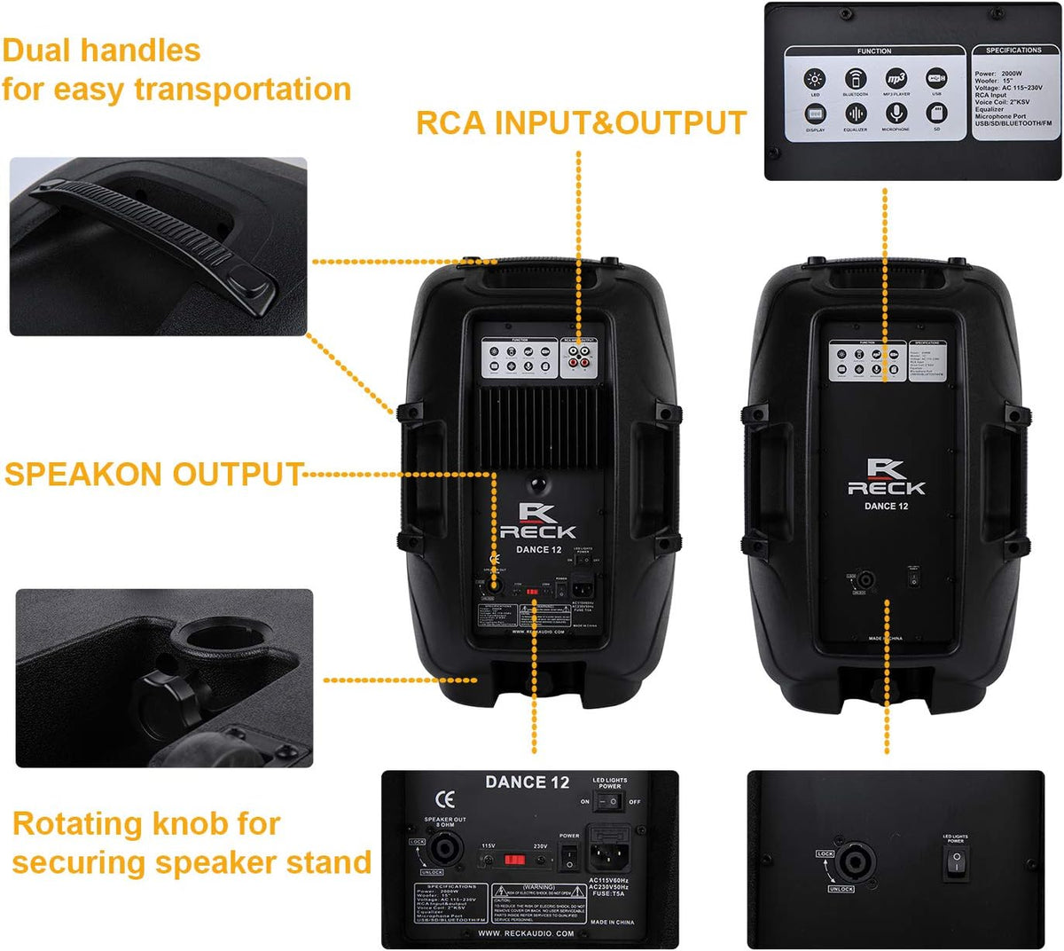 Portable 12-Inch 1000 Watts 2-Way Powered DJ/PA Speaker System Combo Set with Bluetooth and Speaker Stands C4216