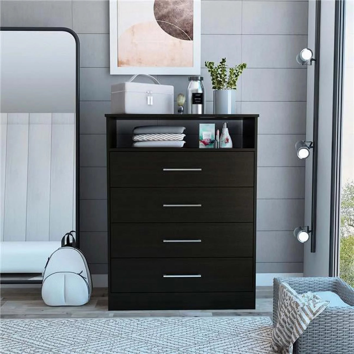 Black Four Drawer Dresser with Hutch H757