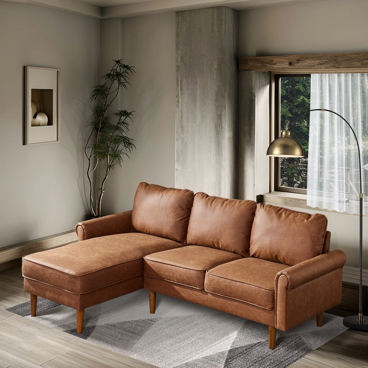 81.50" Wide L-Shaped Suede Fabric Light Brown Sectional Sofa H99029