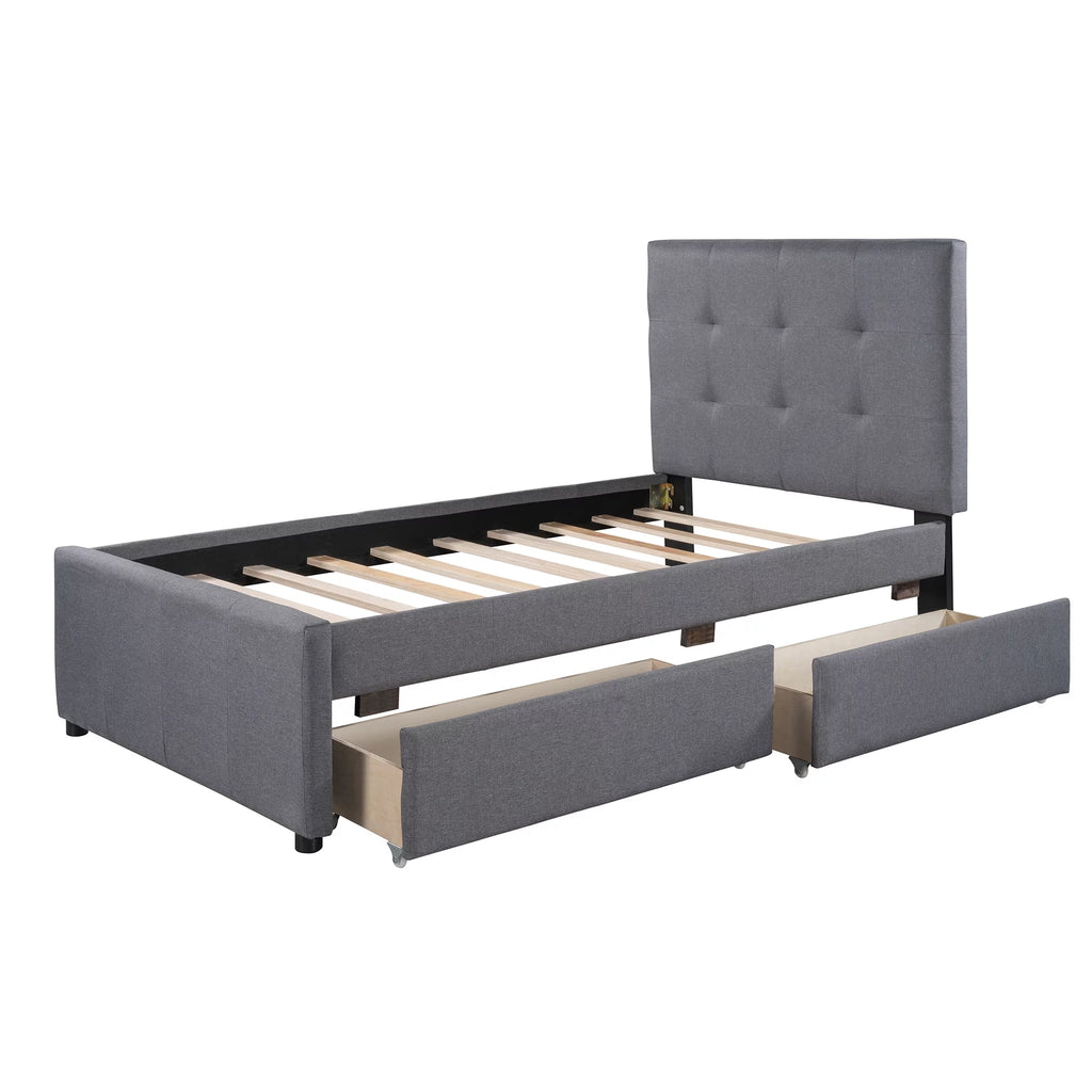 Gray Upholstered Twin Size Platform Bed with 2 Storage Drawers N658