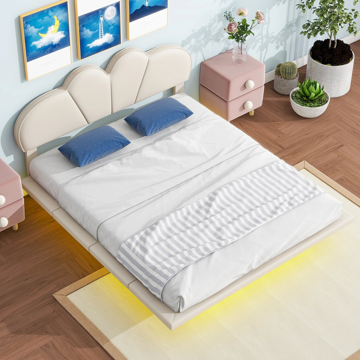 Beige Full Size Upholstered Platform Bed with LED Lights A861191