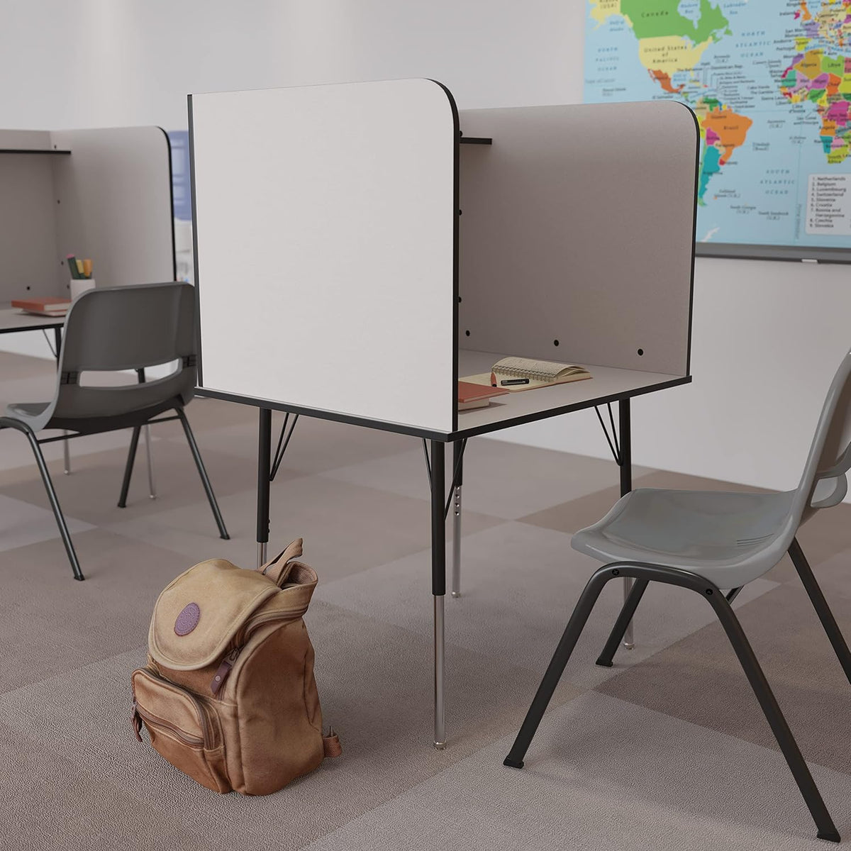 Double Wide Study Carrel with Adjustable Legs and Top Shelf in Nebula Grey D925393