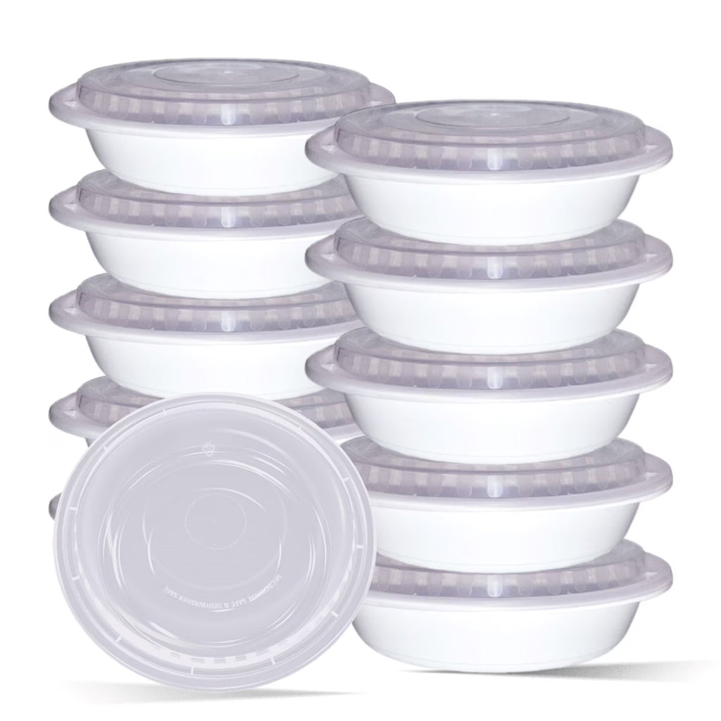48oz 25 Pack White 9" Round Microwavable Plastic Container with Lid M215