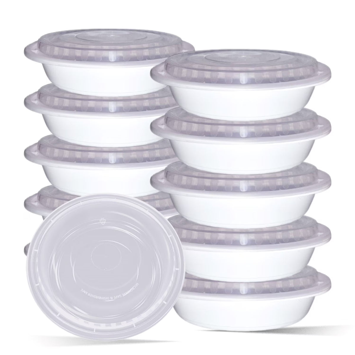 48oz 25 Pack White 9" Round Microwavable Plastic Container with Lid M215
