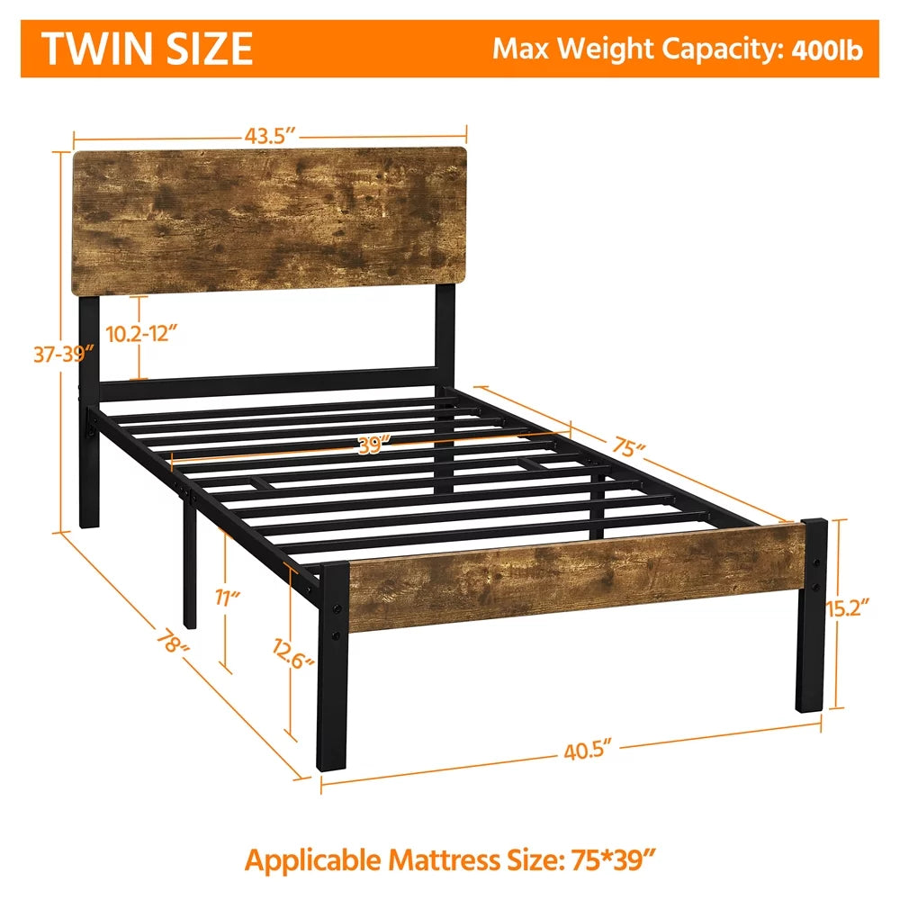 Metal Twin Bed Frame with Wooden Headboard & Footboard K3984