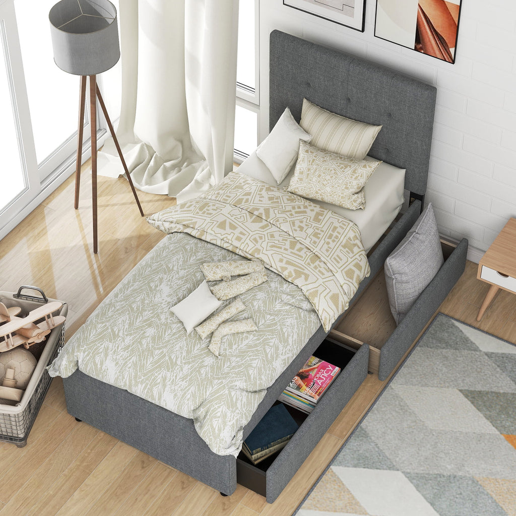 Gray Upholstered Twin Size Platform Bed with 2 Storage Drawers N658