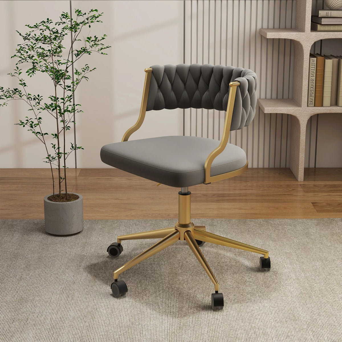 Velvet Office Desk Chair with Hand Woven Backrest Q291565