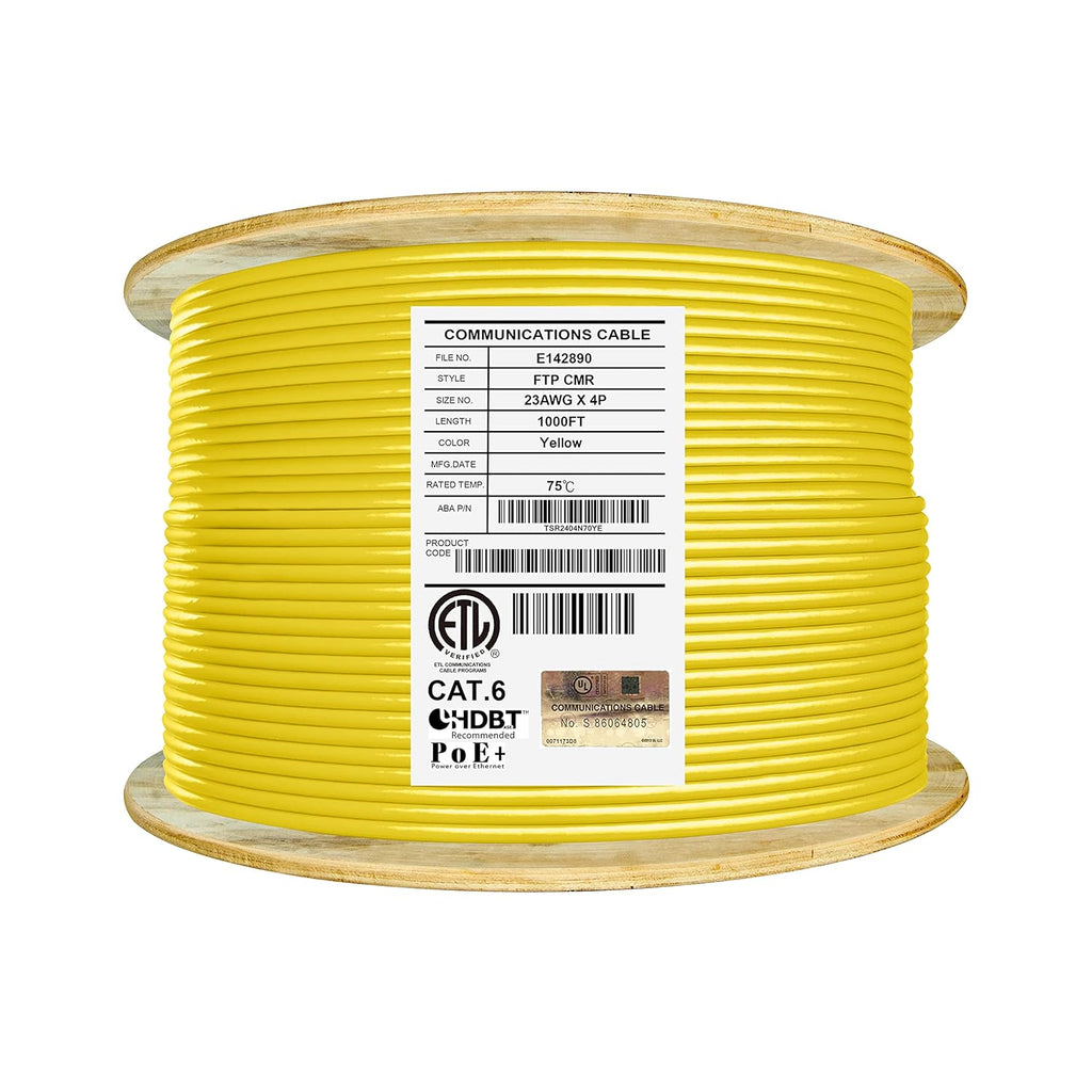 Cat6 Shielded Riser 1000ft F/UTP 23AWG Solid Bare Copper 550MHz Bulk Ethernet Cable Reel Yellow T91590