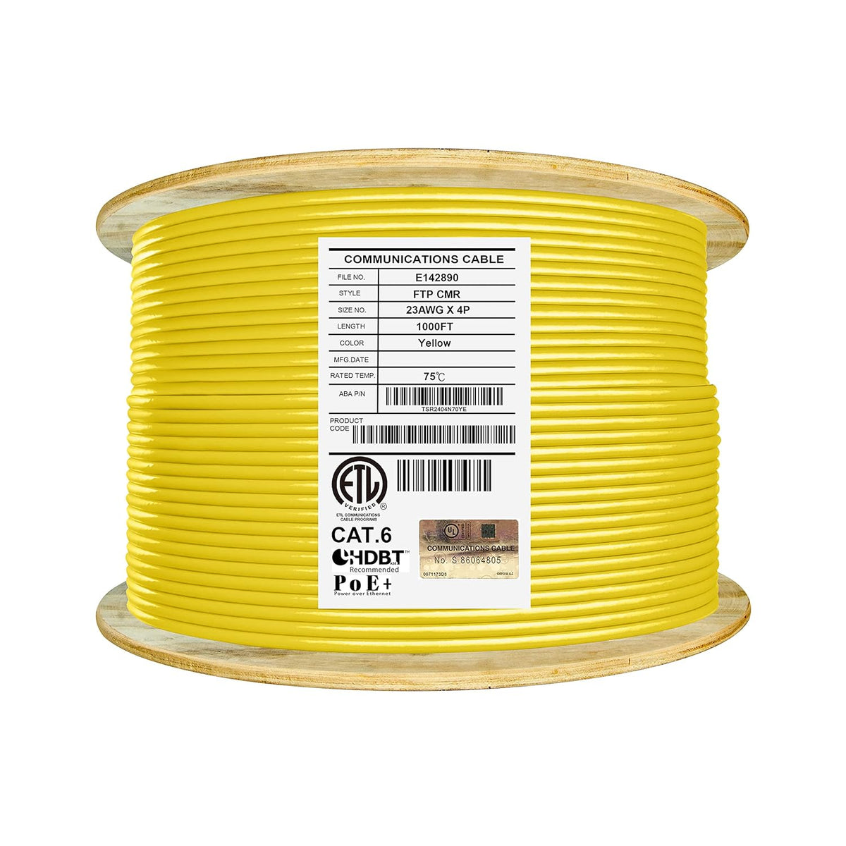Cat6 Shielded Riser 1000ft F/UTP 23AWG Solid Bare Copper 550MHz Bulk Ethernet Cable Reel Yellow T91590