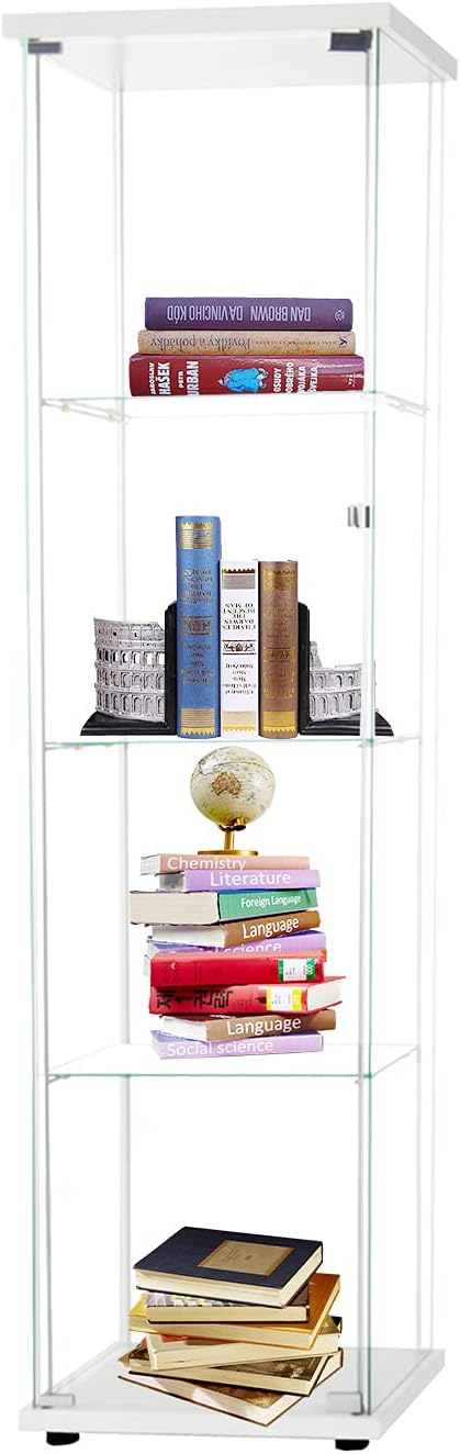 4-Shelf Glass Display Cabinet with Door, Tempered Glass Floor Standing Bookshelf, Black D7352