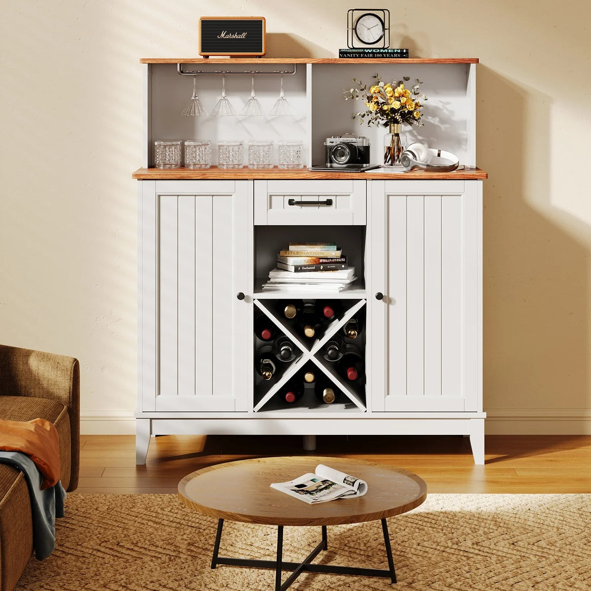 Farmhouse Bar Cabinet with Wine Rack and Goblet Holder O216
