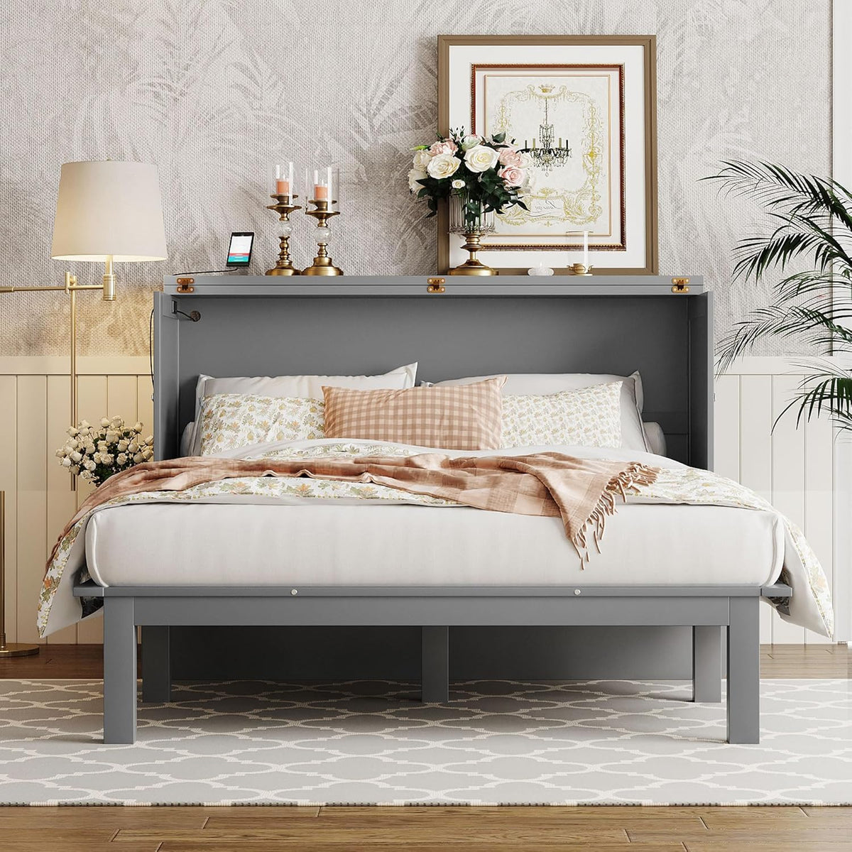 Grey Queen Murphy Bed with Desk Board and Removable Shelves J93327