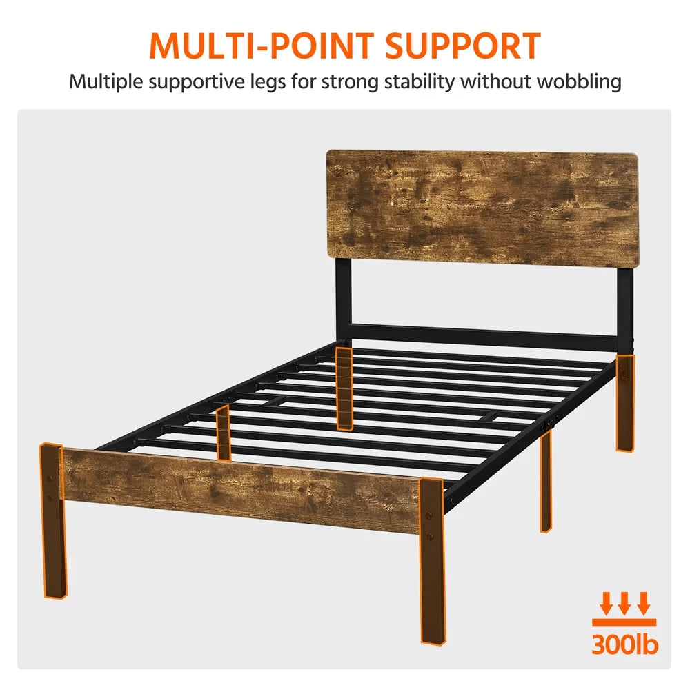 Metal Twin Bed Frame with Wooden Headboard & Footboard K3984
