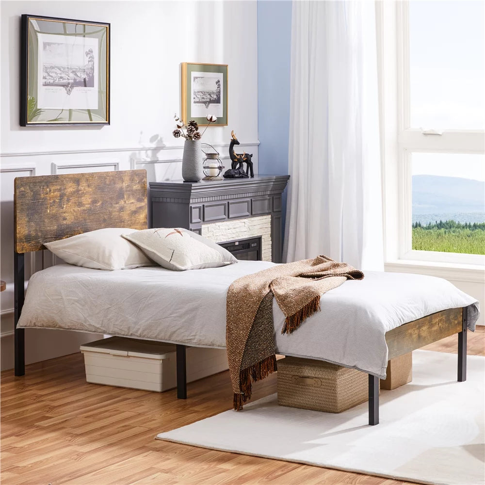 Metal Twin Bed Frame with Wooden Headboard & Footboard K3984