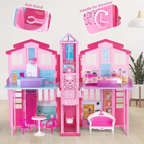 2-Story Foldable Dollhouse with 4 Rooms & Elevator Y566