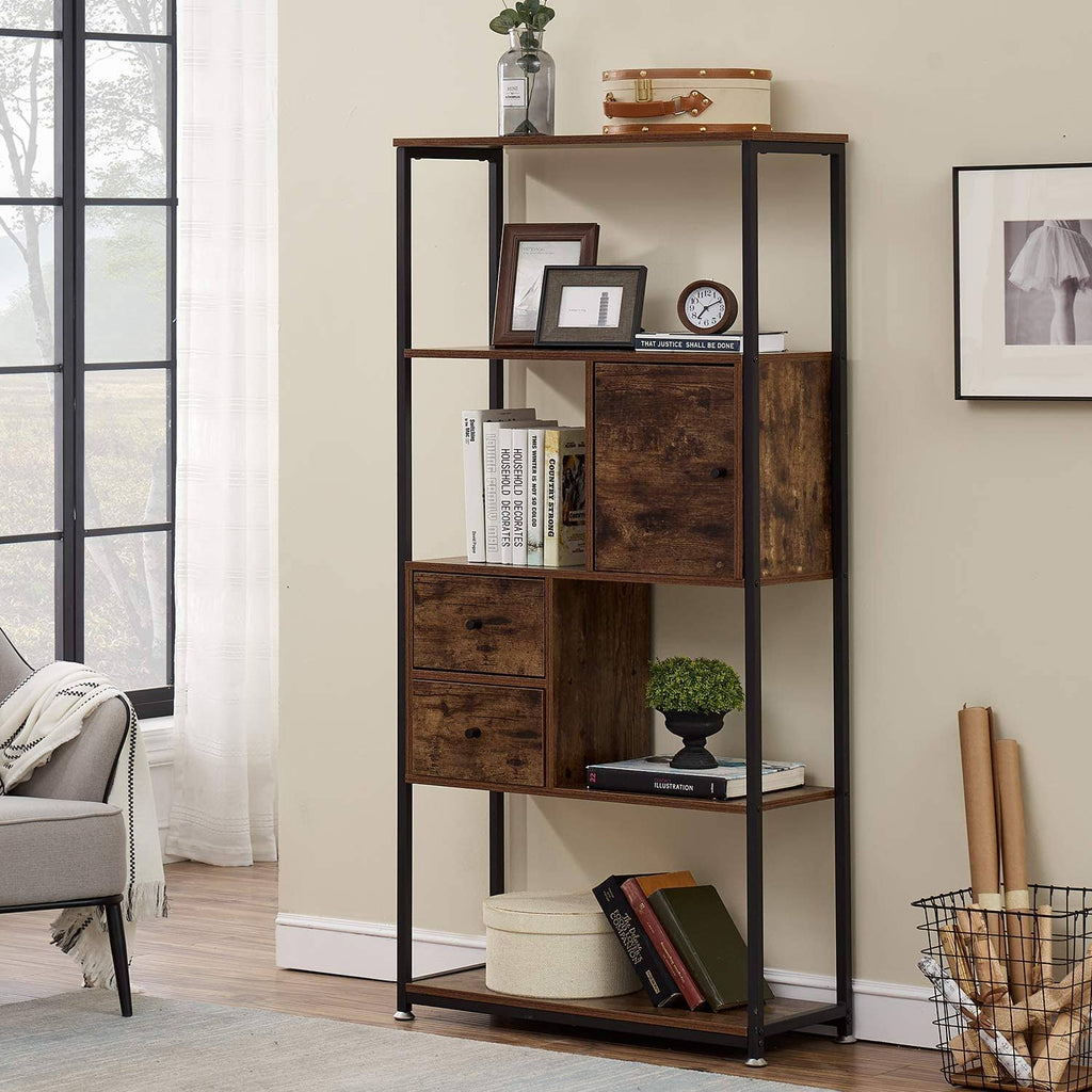Brown 4-Tier Bookshelf with Drawers P9093