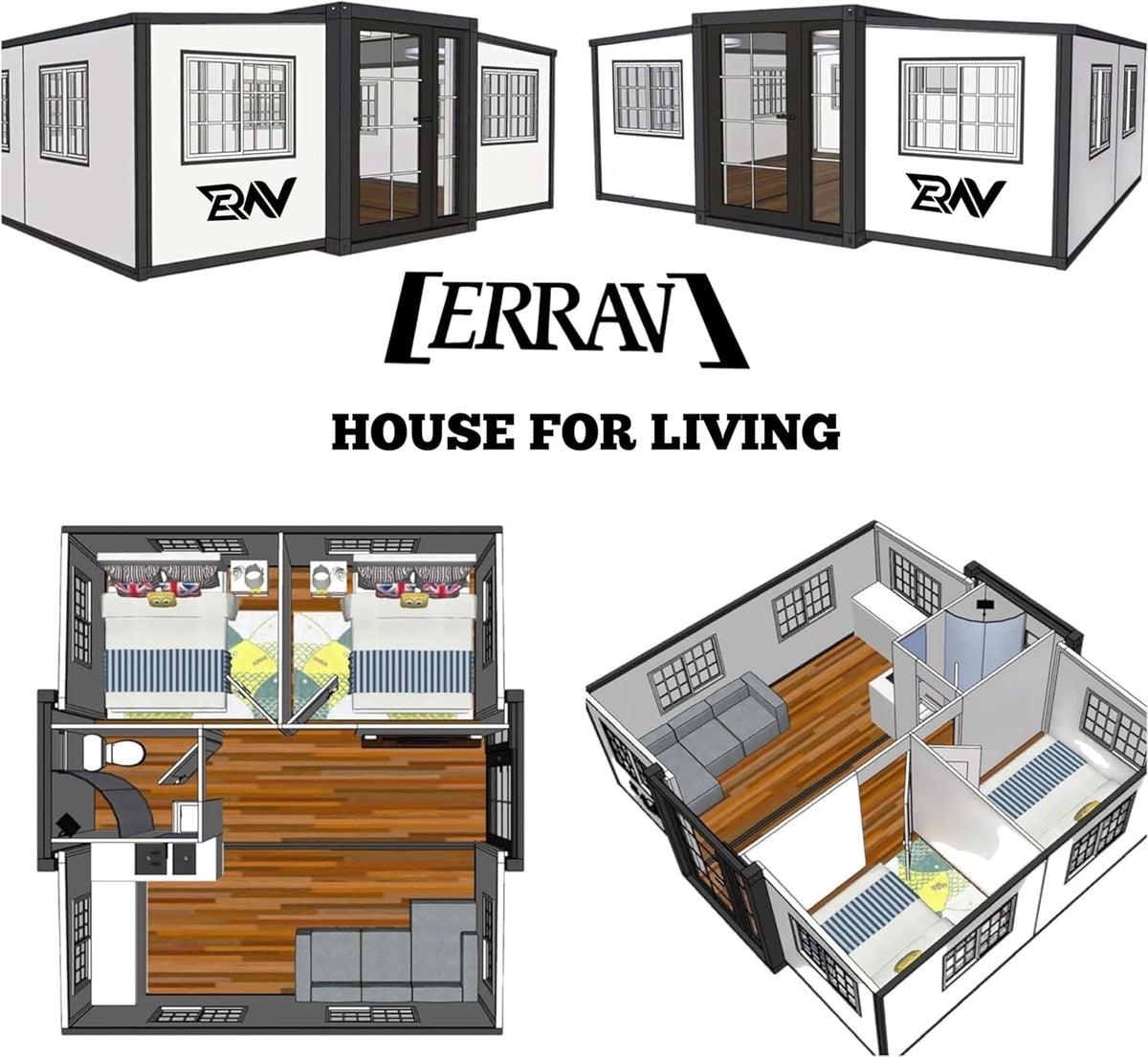 19 x 20 FT Foldable Prefab House with 1 Bathroom, 2 Rooms, and 1 Kitchen S655010