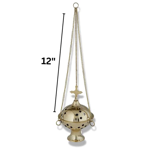 Brass Hanging Censer Incense Burner with Cross, 12 Inch Chain R441