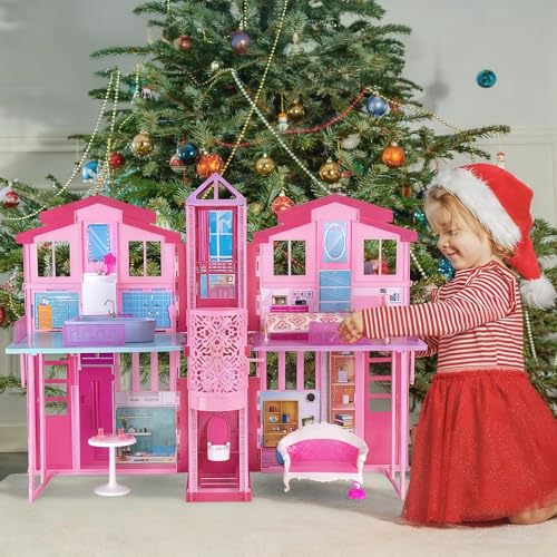 2-Story Foldable Dollhouse with 4 Rooms & Elevator Y566