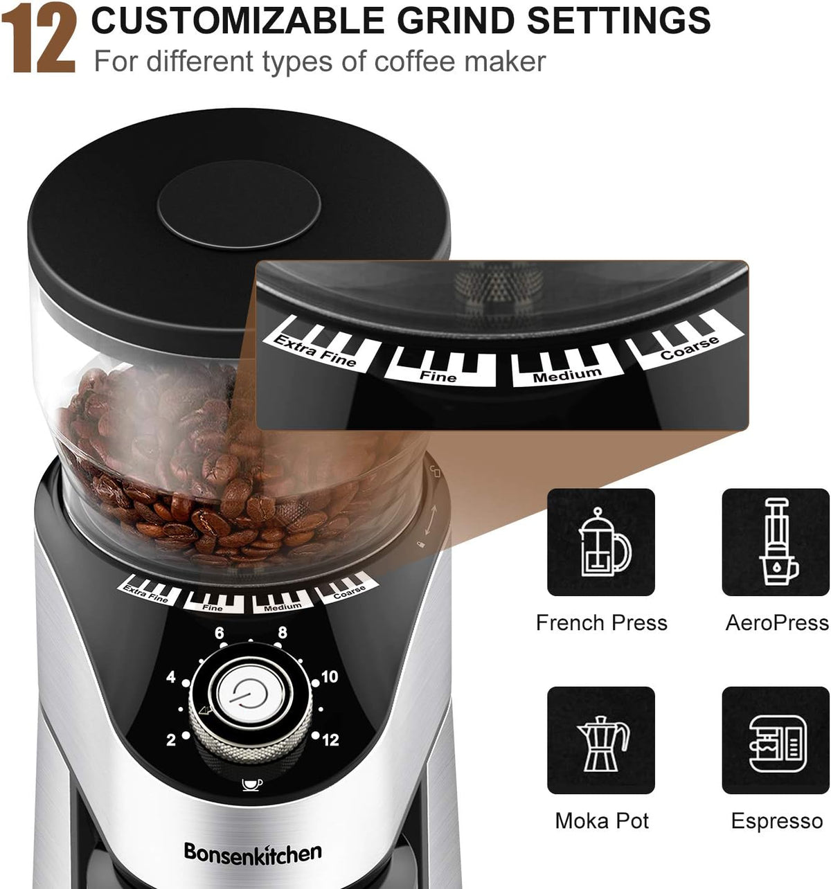 Adjustable Electric Conical Burr Coffee Grinder with 12 Grind Settings W39716