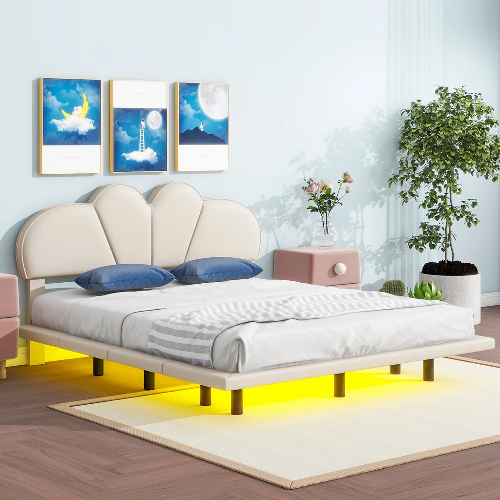 Beige Full Size Upholstered Platform Bed with LED Lights A861191