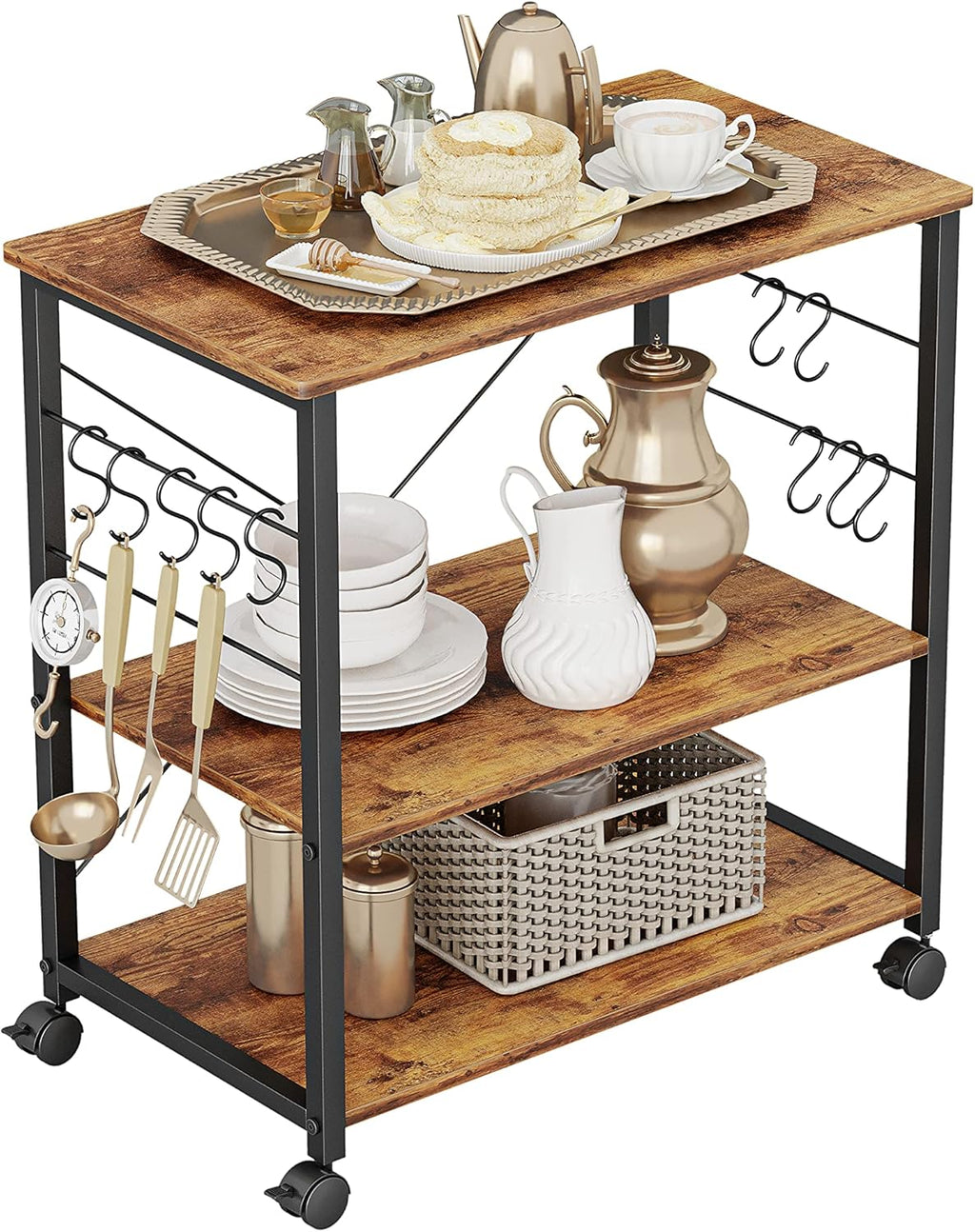 3 Tier Kitchen Serving Cart with Wheels and 10 Hooks R482