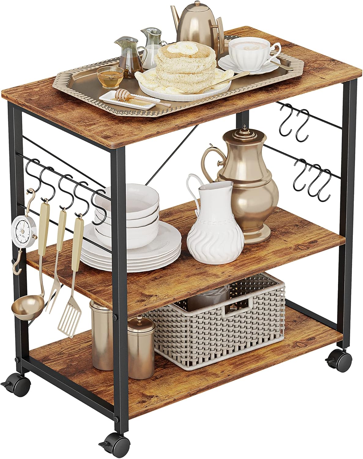 3 Tier Kitchen Serving Cart with Wheels and 10 Hooks R482