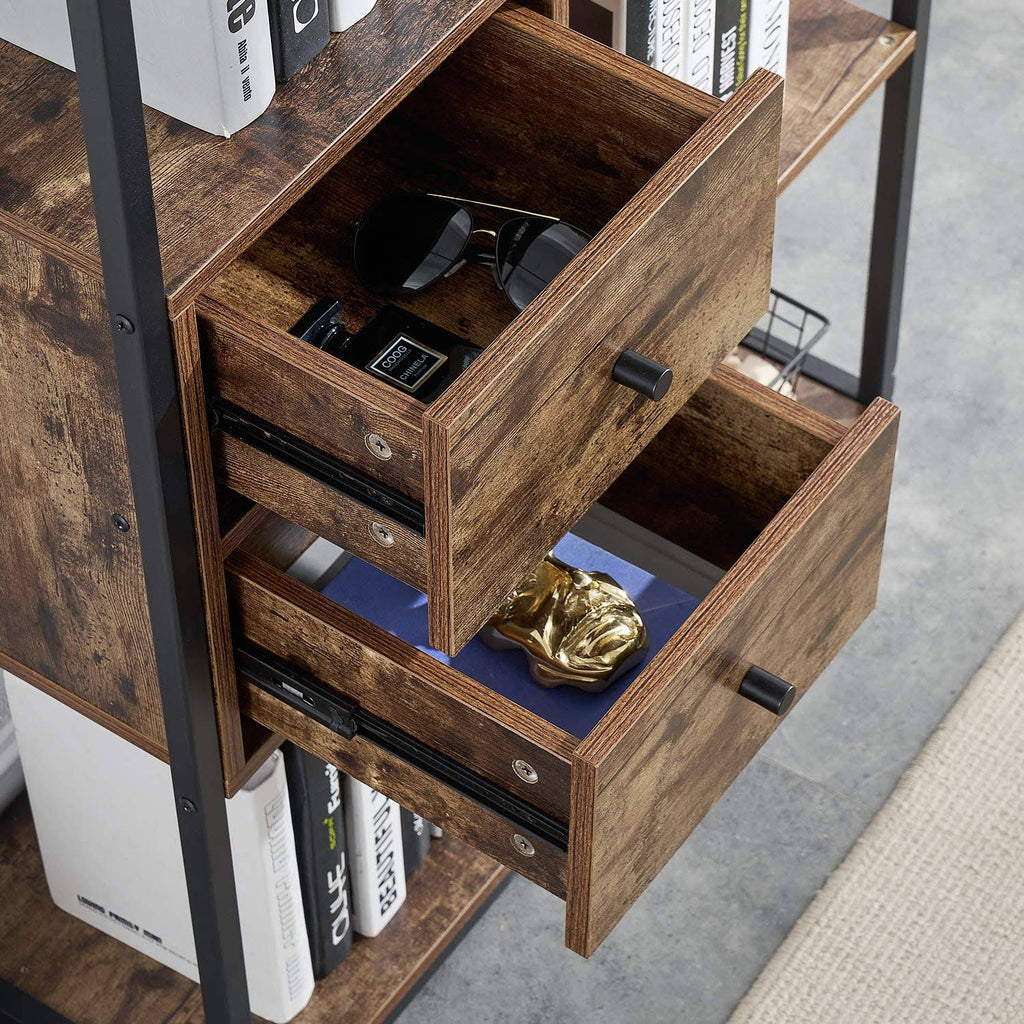 Brown 4-Tier Bookshelf with Drawers P9093