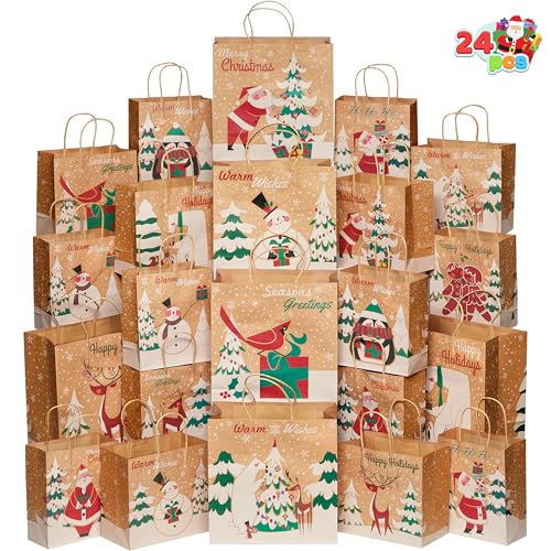 24 PCS Christmas Kraft Gift Bags with Assorted Sizes P307