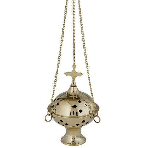 Brass Hanging Censer Incense Burner with Cross, 12 Inch Chain R441