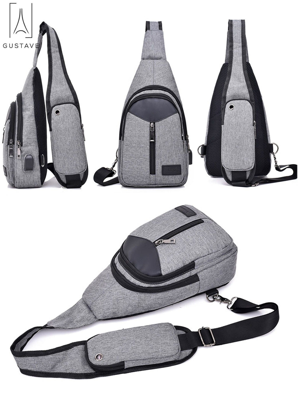 Black Nylon Chest Sling Bag with USB Charge Port U375525